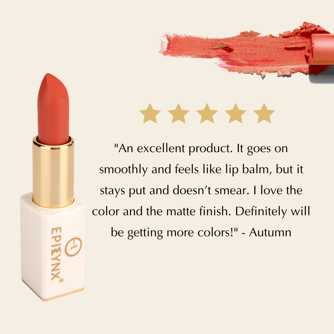 EpiLynx vegan matte lipstick in a magnetic case, showing the hydrating, long-wear lipstick with a smooth, matte finish.