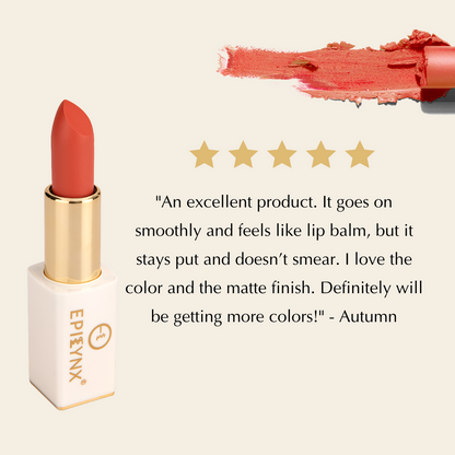 EpiLynx vegan matte lipstick in a magnetic case, showing the hydrating, long-wear lipstick with a smooth, matte finish.