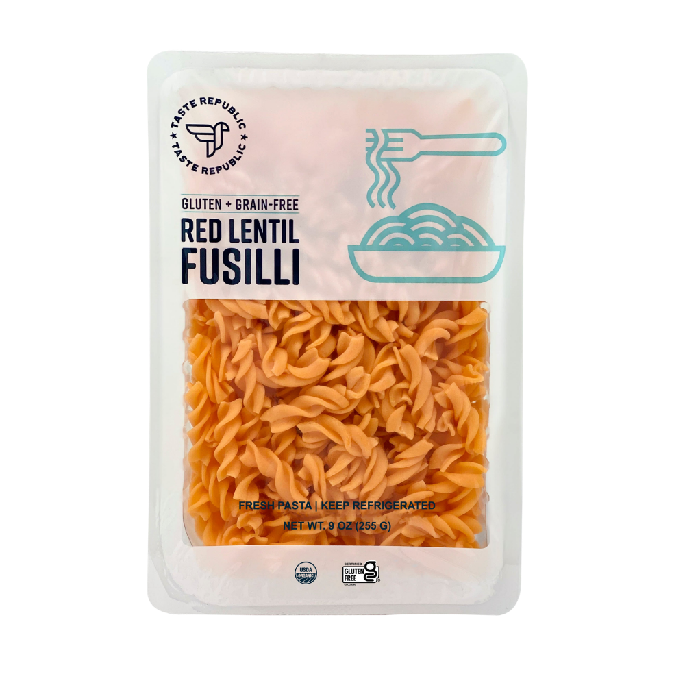 Taste Republic gluten-free red lentil fusilli pasta in a 6-pack, organic, grain-free, with a close-up of the pasta shape and packaging.
