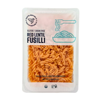 Taste Republic gluten-free red lentil fusilli pasta in a 6-pack, organic, grain-free, with a close-up of the pasta shape and packaging.