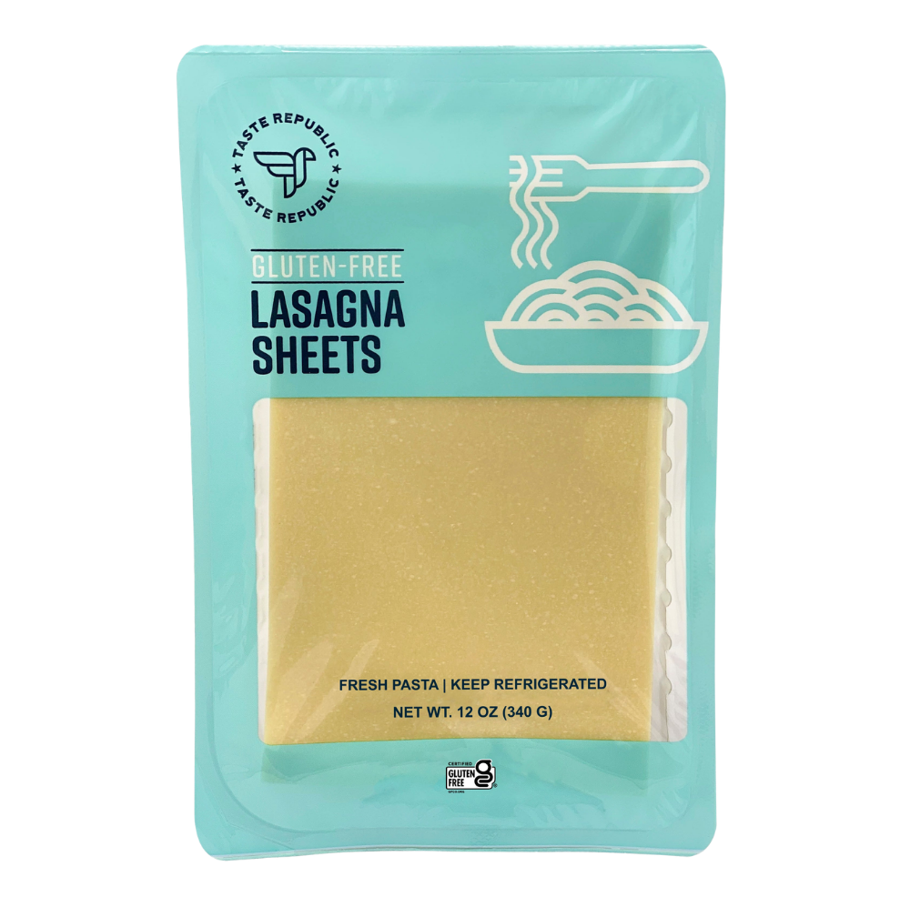 Taste Republic gluten-free lasagna sheets in a 6-pack, fresh pasta for homemade lasagna, showing stacked pasta sheets.