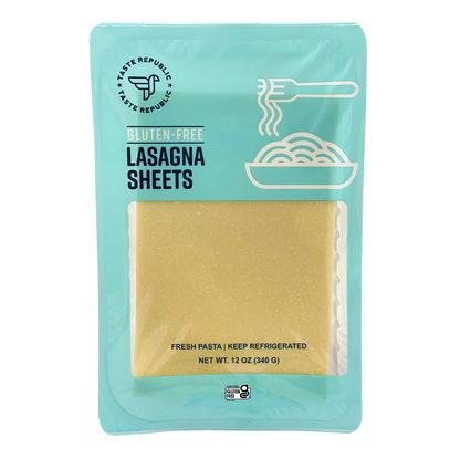 Taste Republic gluten-free lasagna sheets in a 6-pack, fresh pasta for homemade lasagna, showing stacked pasta sheets.