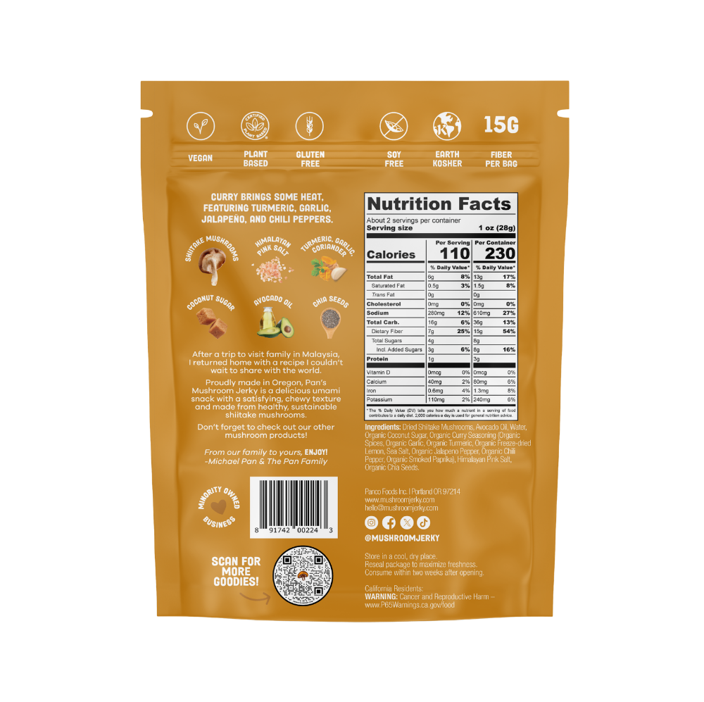 Pan's Mushroom Jerky features savory, sliced mushroom pieces with a spicy curry flavor, perfect for a plant-based snack.