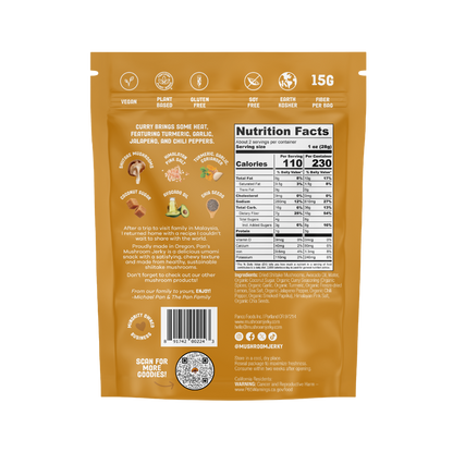 Pan's Mushroom Jerky features savory, sliced mushroom pieces with a spicy curry flavor, perfect for a plant-based snack.