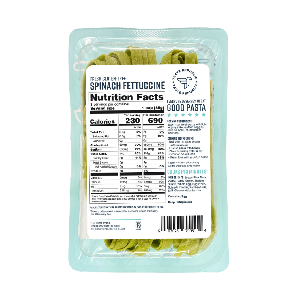 Taste Republic gluten-free spinach fettuccine pasta pack with six fresh, green spinach-infused pasta bundles on a white background.