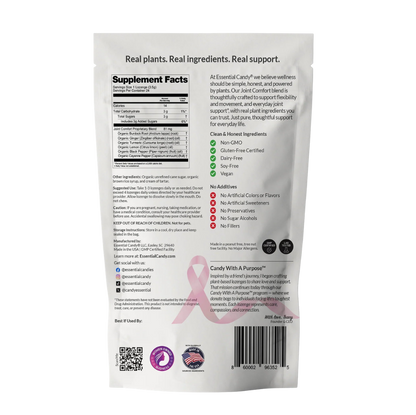 Essential Candy Joint Comfort™ botanical lozenges for joint support, shown in a clear image with the supplement packaging.