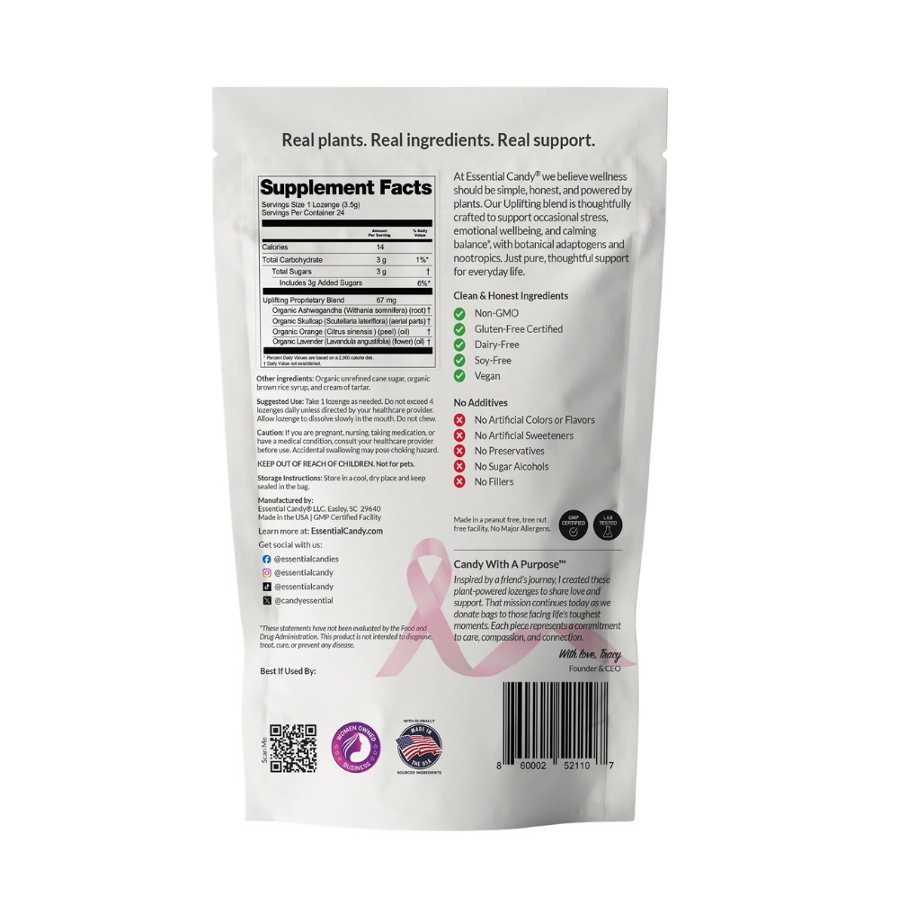 Essential Candy Uplifting™ Botanical Lozenges herbal supplement in clear packaging with green and white branding.