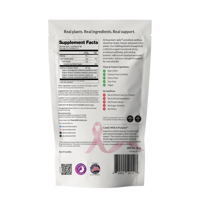 Essential Candy Uplifting™ Botanical Lozenges herbal supplement in clear packaging with green and white branding.
