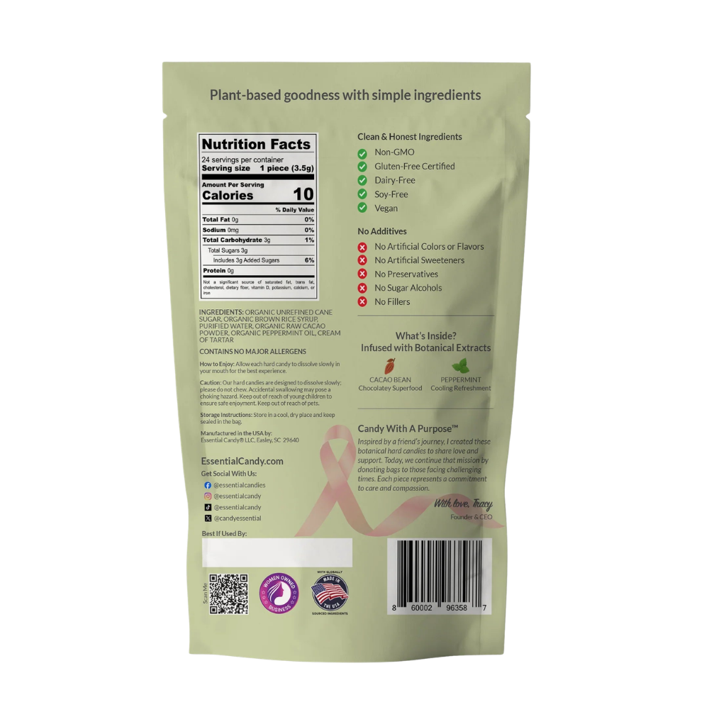Two Essential Candy Cacao Mint™ Botanical Lozenges hard candies with cacao and mint flavor, displayed on a white background.