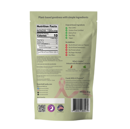 Two Essential Candy Cacao Mint™ Botanical Lozenges hard candies with cacao and mint flavor, displayed on a white background.