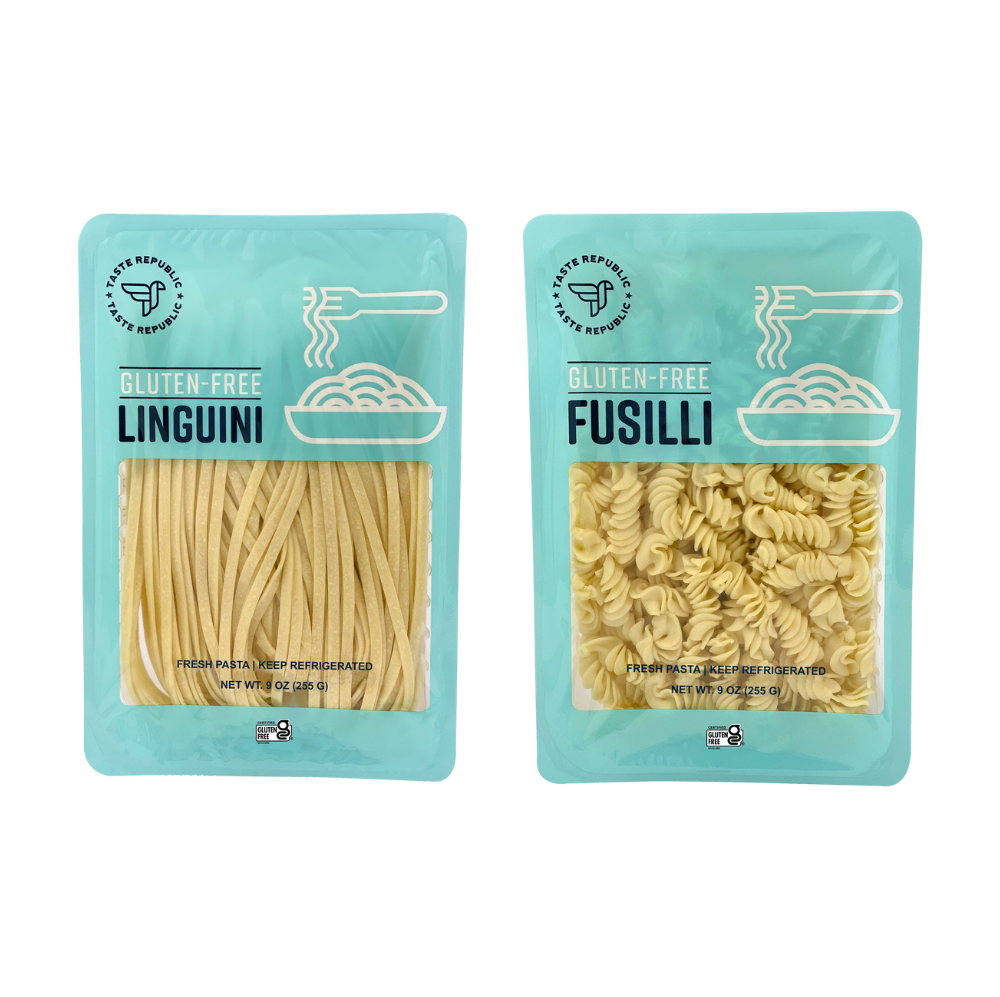 Taste Republic Gluten-Free Pasta Variety Pack with six different pasta types in colorful packaging, fresh and gluten-free.