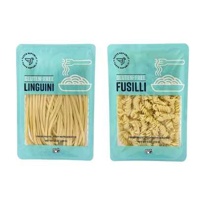Taste Republic Gluten-Free Pasta Variety Pack with six different pasta types in colorful packaging, fresh and gluten-free.