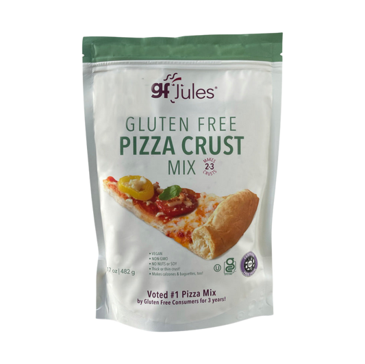 gfJules gluten-free pizza crust mix in a bag, showing the product packaging with a clear label for gluten-free pizza baking