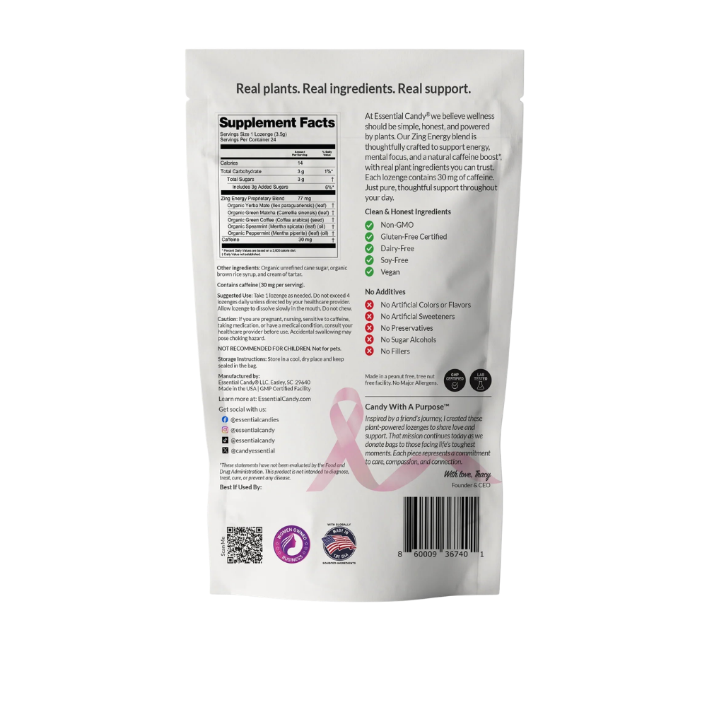 Two bottles of Essential Candy Zing Energy™ Botanical Lozenges herbal supplements with colorful packaging and botanical illustrations.
