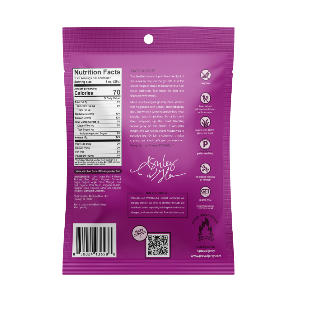 PREVAIL Jerky Taco Tuesday Beef Jerky single serve pack, 1.25 oz, showing flavorful beef jerky slices in a resealable bag.