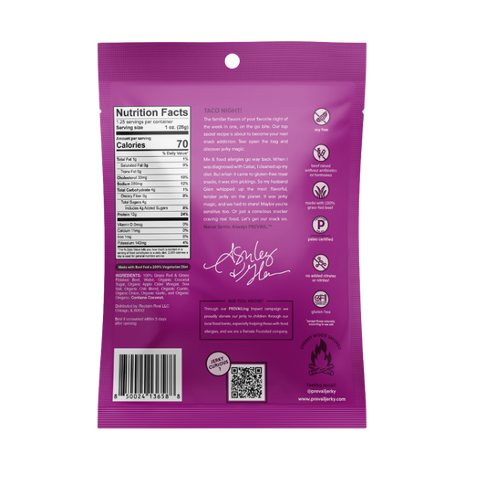 PREVAIL Jerky Taco Tuesday Beef Jerky single serve pack, 1.25 oz, showing flavorful beef jerky slices in a resealable bag.