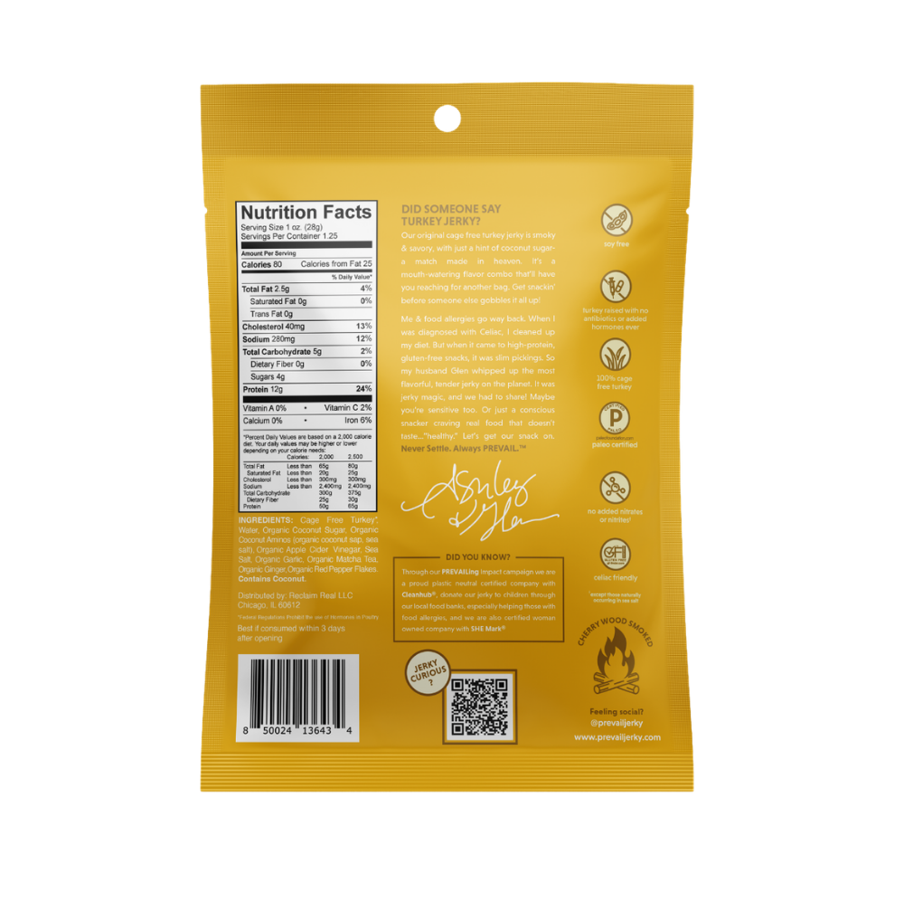 PREVAIL Jerky Original Turkey Jerky single serve pack with two pieces of savory turkey jerky on a white background.