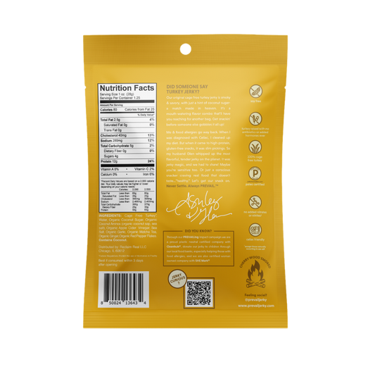 PREVAIL Jerky Original Turkey Jerky single serve pack with two pieces of savory turkey jerky on a white background.