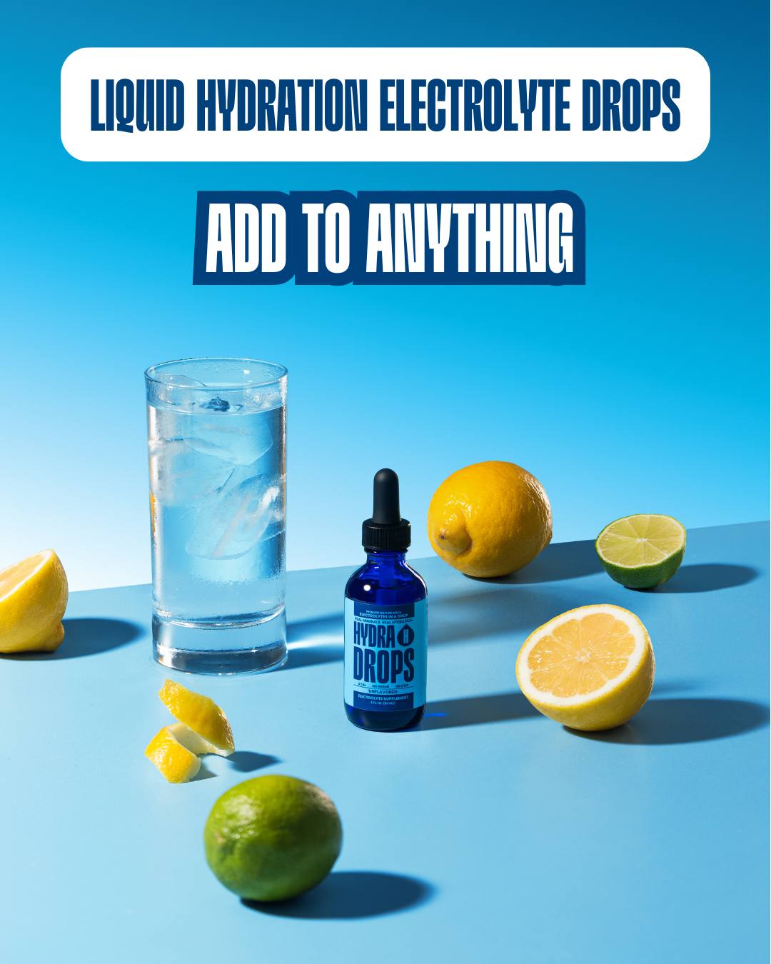 Hydra Hydration Hydra Drops sea mineral electrolyte drops in a clear bottle with dropper for hydration and replenishment.