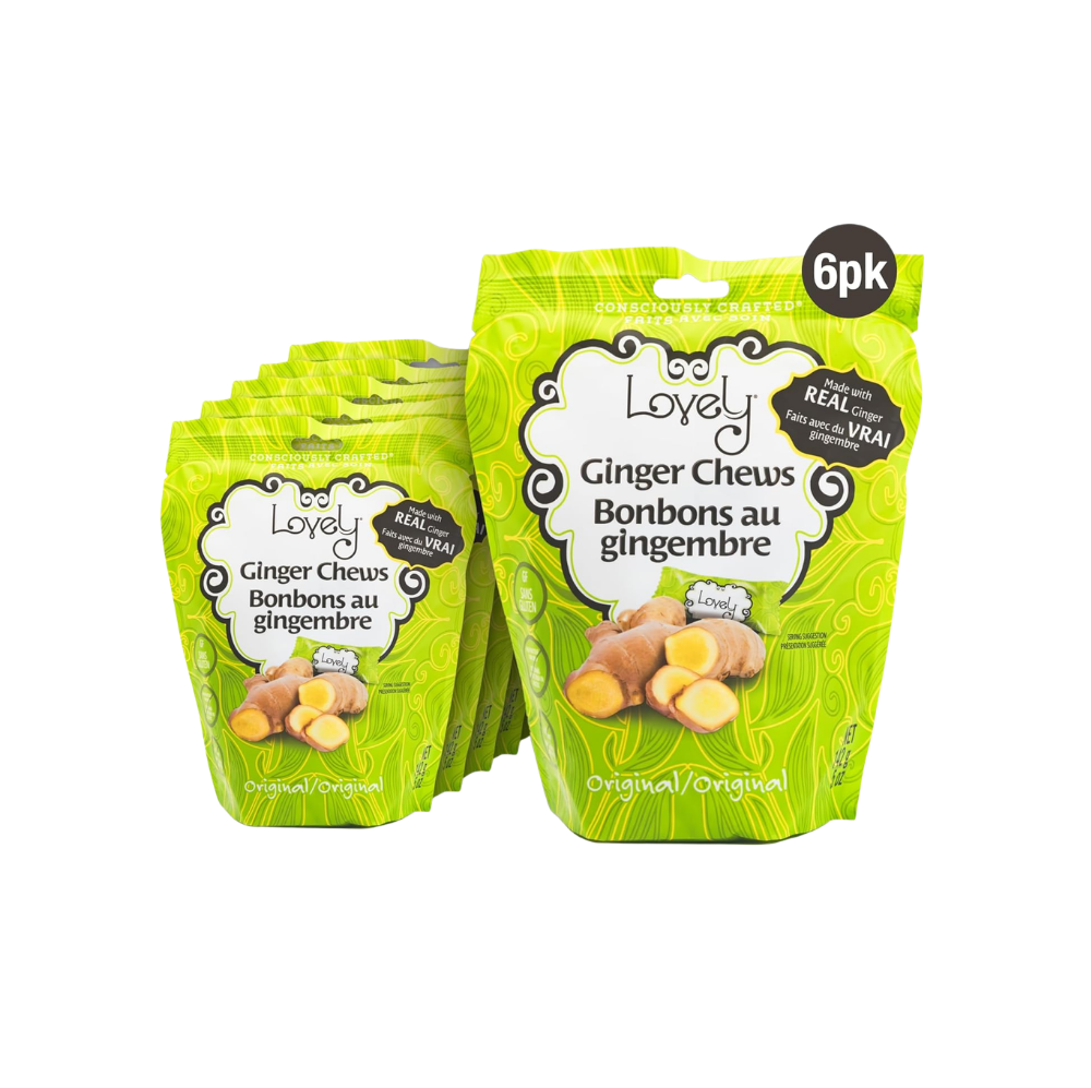 Two Lovely Candy Company ginger chews in clear wrappers, showcasing their golden, chewy ginger flavor.
