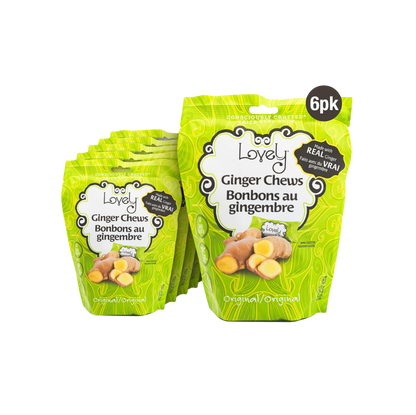 Two Lovely Candy Company ginger chews in clear wrappers, showcasing their golden, chewy ginger flavor.
