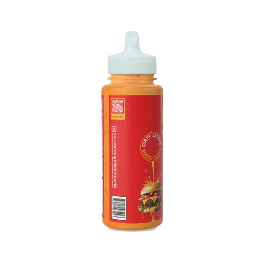 Drench Mac Daddy Sauce bottle with label, showcasing the flavorful sauce designed for enhancing mac and cheese dishes.