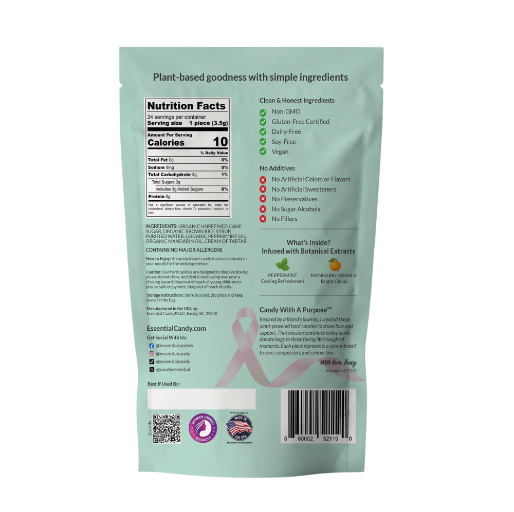 Essential Candy Peppermint Mandarin botanical hard candies in clear packaging, showcasing vibrant orange and mint flavors.
