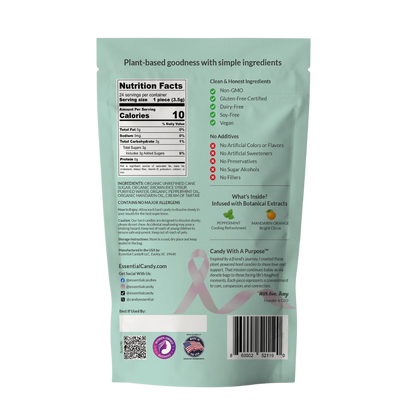 Essential Candy Peppermint Mandarin botanical hard candies in clear packaging, showcasing vibrant orange and mint flavors.