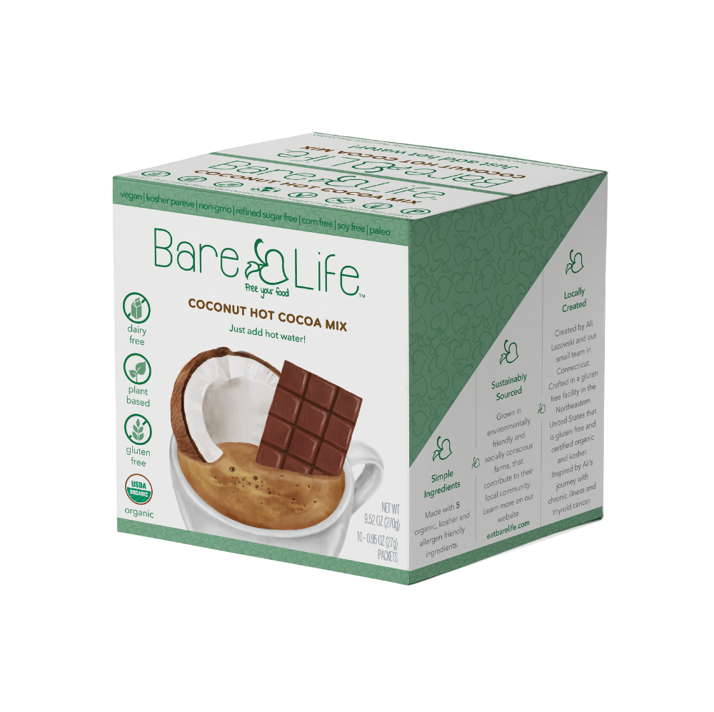 Bare Life dairy-free coconut hot cocoa mix individual serving packets, 10-pack, featuring coconut flavor and hot chocolate branding.