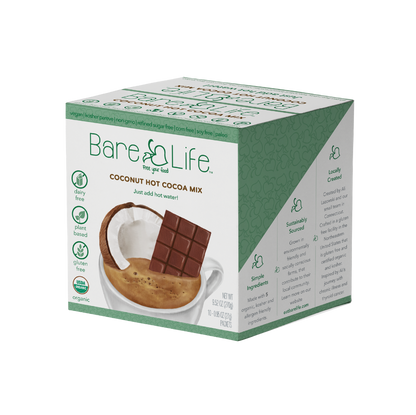 Bare Life dairy-free coconut hot cocoa mix individual serving packets, 10-pack, featuring coconut flavor and hot chocolate branding.