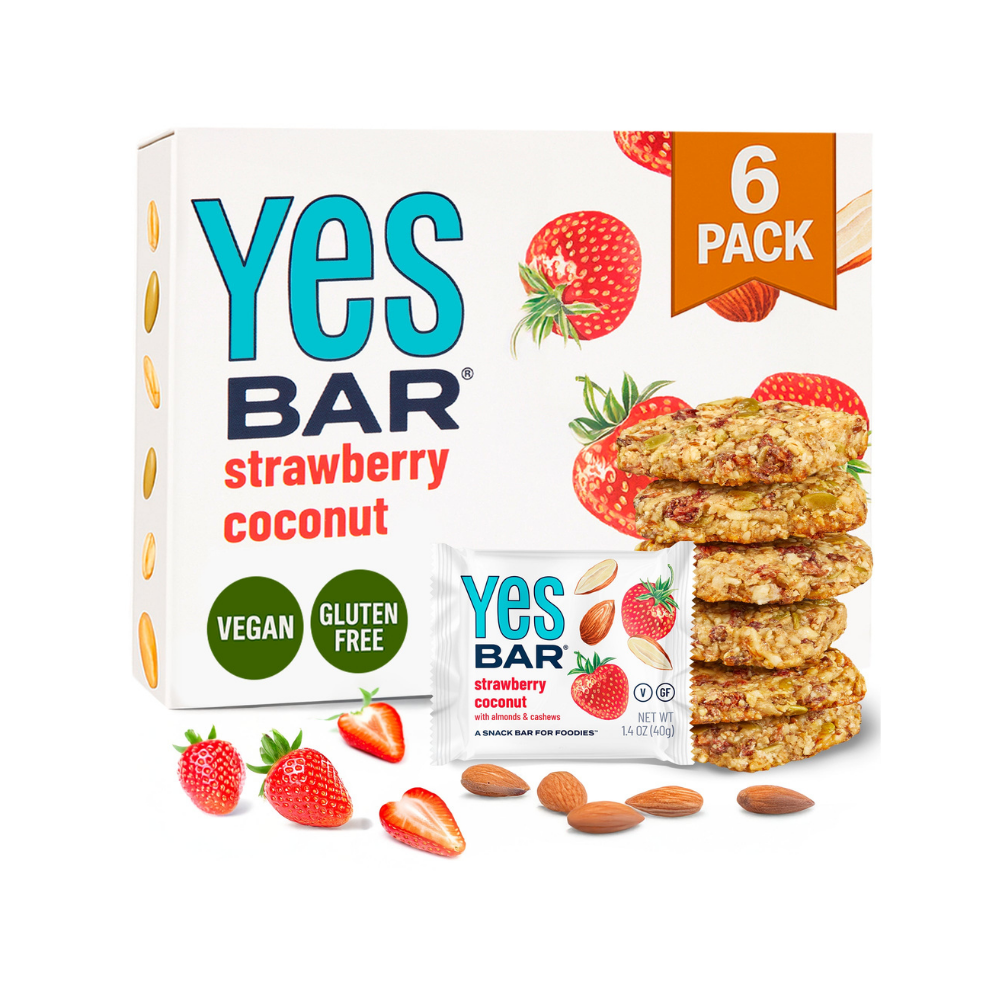 YES BAR Strawberry Coconut plant-based protein bars, 6-pack, featuring fresh strawberry and coconut flavors in a convenient snack pack.
