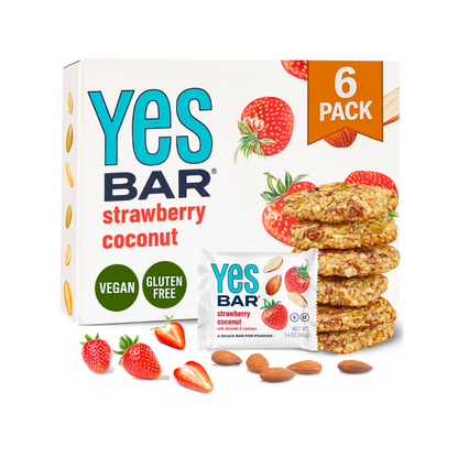 YES BAR Strawberry Coconut plant-based protein bars, 6-pack, featuring fresh strawberry and coconut flavors in a convenient snack pack.