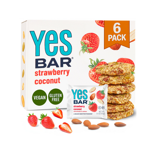 YES BAR Strawberry Coconut plant-based protein bars, 6-pack, featuring fresh strawberry and coconut flavors in a convenient snack pack.
