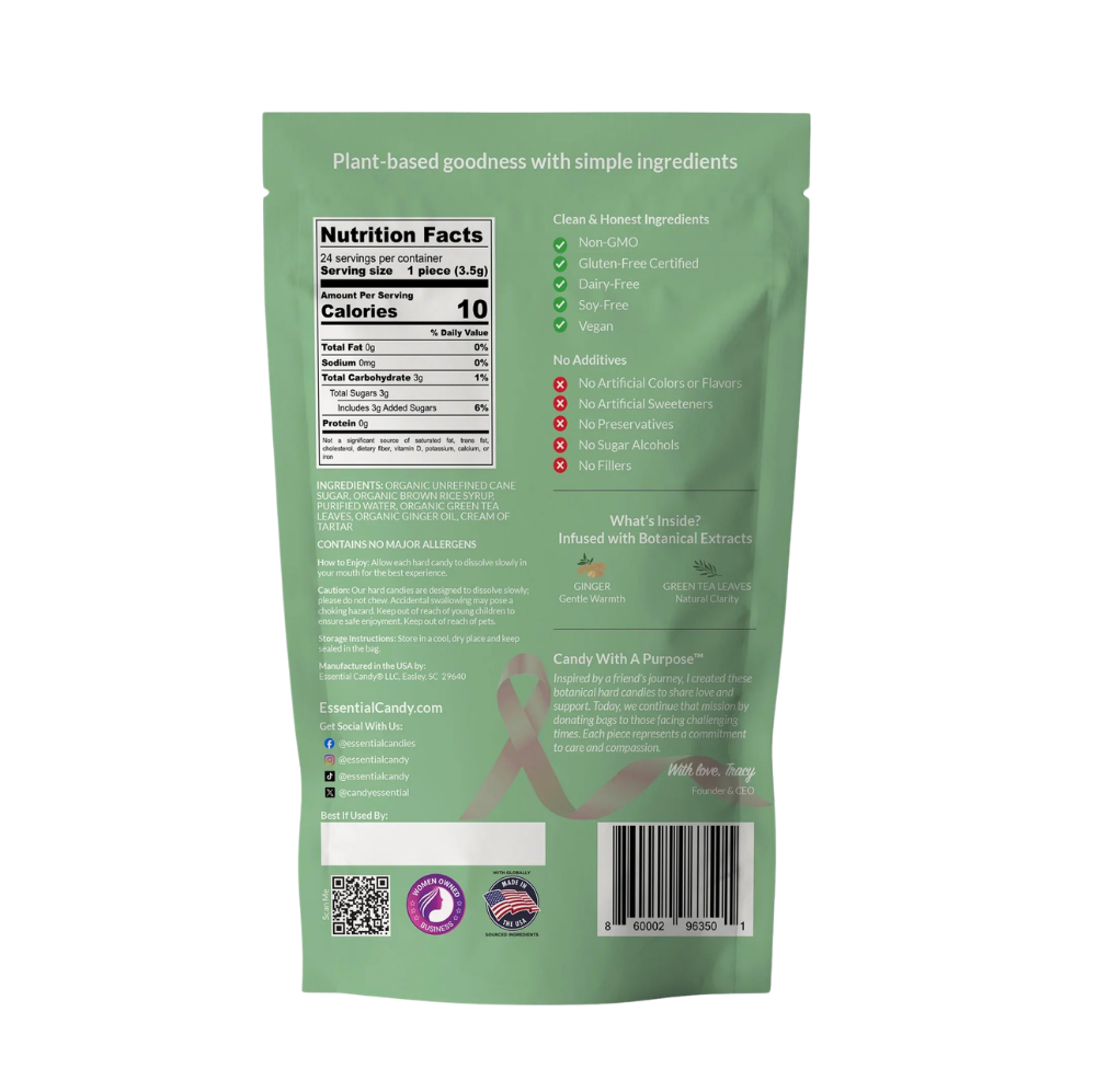 Essential Candy Ginger Green Tea botanical lozenges in clear hard candy form with green tea and ginger flavor visible.