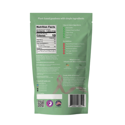 Essential Candy Ginger Green Tea botanical lozenges in clear hard candy form with green tea and ginger flavor visible.