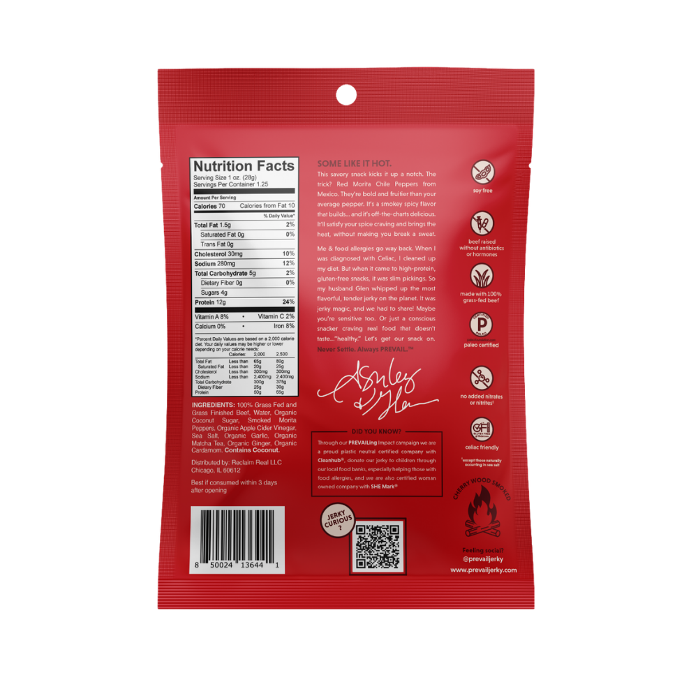 Spicy beef jerky from PREVAIL Jerky in a single-serve pack, featuring thin, seasoned slices of beef with a spicy glaze.