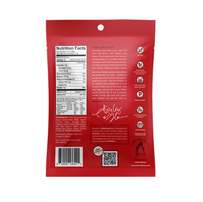 Spicy beef jerky from PREVAIL Jerky in a single-serve pack, featuring thin, seasoned slices of beef with a spicy glaze.