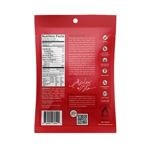 Spicy beef jerky from PREVAIL Jerky in a single-serve pack, featuring thin, seasoned slices of beef with a spicy glaze.
