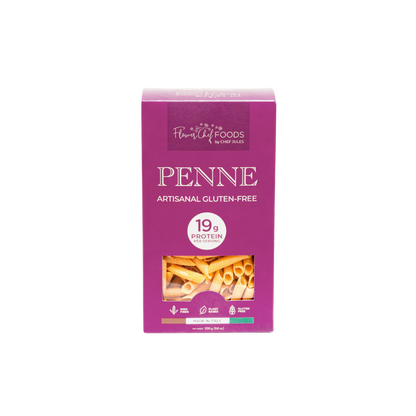 High protein Flower Chef Foods penne pasta pack of 3, showcasing uncooked whole wheat pasta in a clear view.
