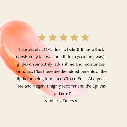 EpiLynx Hydrating Vegan Lip Balm with sheer tint, showing smooth, moisturized lips and the product tube.