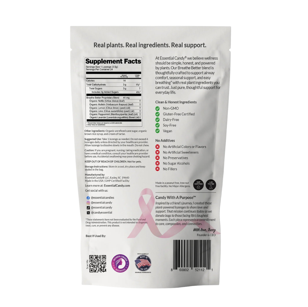 Essential Candy Breathe Better™ Clarity herbal lozenges in clear packaging with fresh botanical ingredients.