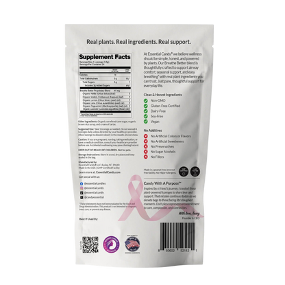 Essential Candy Breathe Better™ Clarity herbal lozenges in clear packaging with fresh botanical ingredients.
