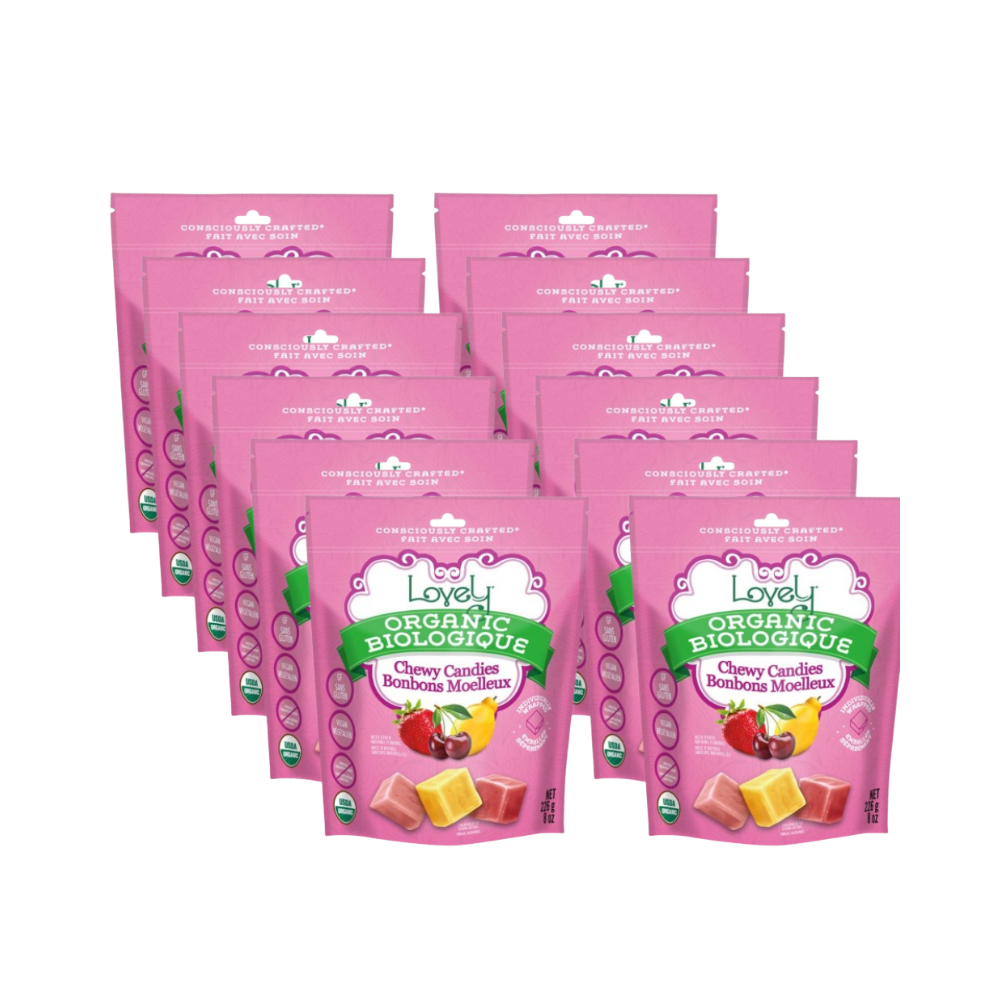 Organic chewy candies from Lovely Candy Company, colorful and sweet treats with vibrant wrappers and soft, chewy texture.
