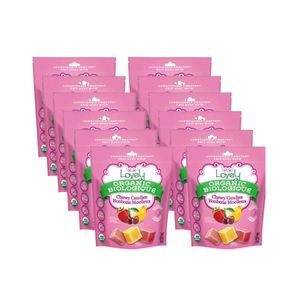 Organic chewy candies from Lovely Candy Company, colorful and sweet treats with vibrant wrappers and soft, chewy texture.