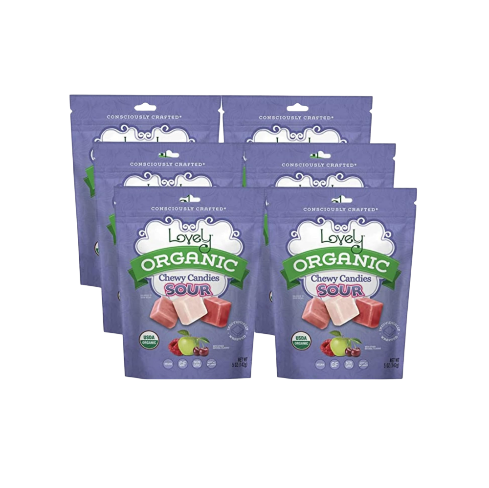 Two colorful organic sour chewy candies from Lovely Candy Company, showcasing vibrant textures and bright appearance.