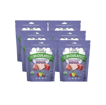 Two colorful organic sour chewy candies from Lovely Candy Company, showcasing vibrant textures and bright appearance.