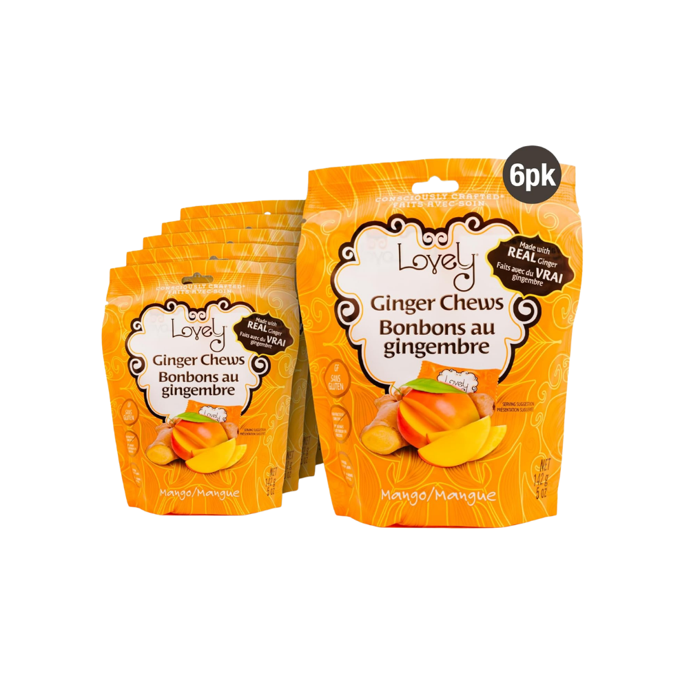 Two Lovely Candy Company Mango Ginger Chews in their packaging, showcasing the flavorful ginger and mango ingredients.