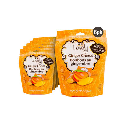 Two Lovely Candy Company Mango Ginger Chews in their packaging, showcasing the flavorful ginger and mango ingredients.