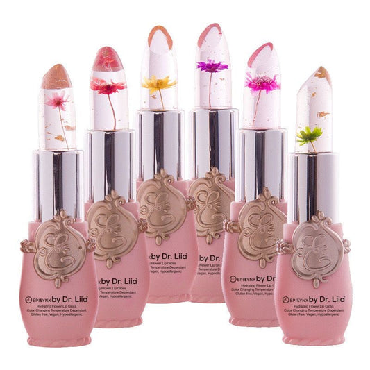 EpiLynx color-changing flower lip gloss tube with holographic flower design, showcasing the vegan, gluten-free, hydrating lip balm.