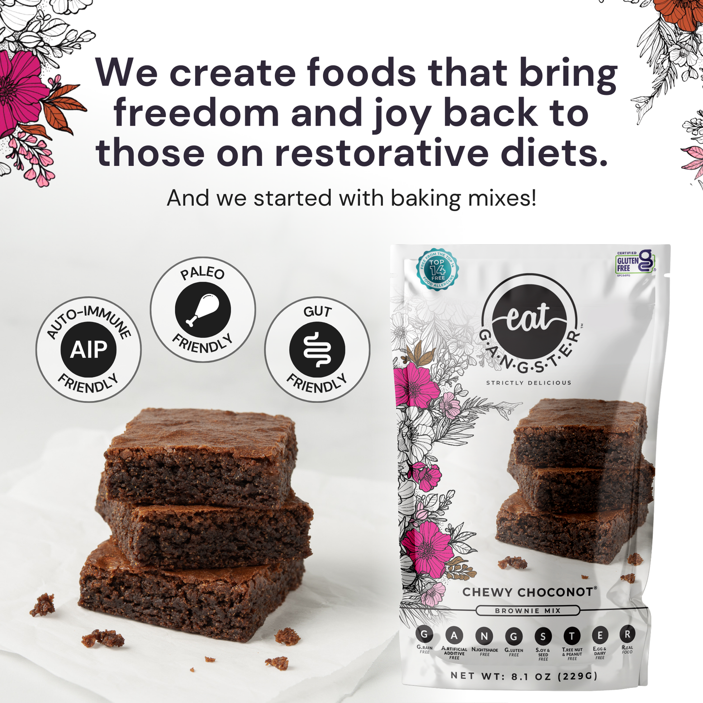 Eat G.A.N.G.S.T.E.R. Chewy Choconot Brownie Mix package with three chocolate brownie bars, showcasing rich, fudgy brownies.